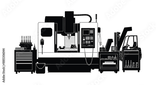 Detailed depiction of an industrial milling machine presented in a striking black and white silhouette showcasing precision engineering and automation