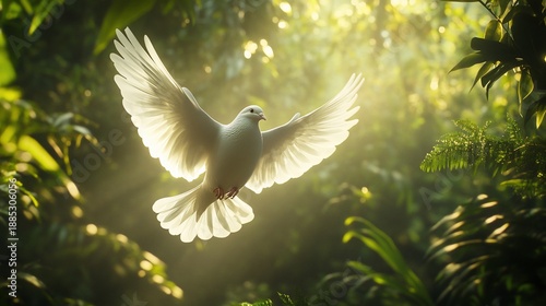 White dove flying, sunlight, forest, peace, hope, spiritual