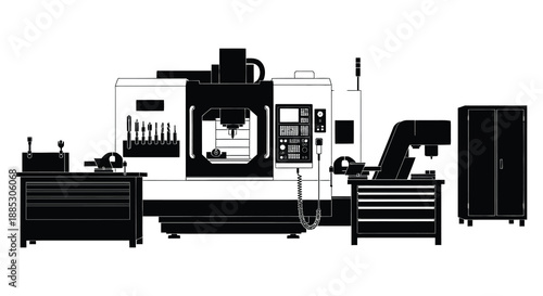 A detailed depiction of industrial machinery including a milling machine work table and storage cabinet presented as a stark silhouette