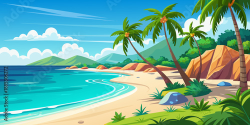 tropical beach with palm trees and sea