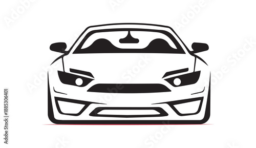 A minimalist black and white vector illustration of a modern sports car's front view