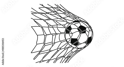 a detailed illustration depicts a soccer ball impacting a net resulting in a dynamic image with a striking silhouette high quality