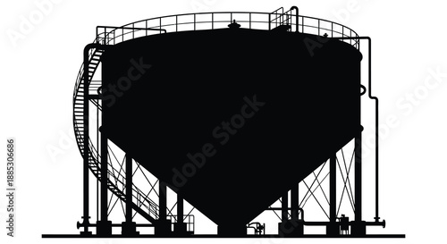 A stark depiction of an industrial storage tank showcasing its complex structural elements against a bright background silhouette high quality professional
