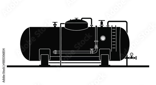A detailed black and white illustration depicts a large horizontal industrial tank with supporting structures and piping silhouette high quality professional