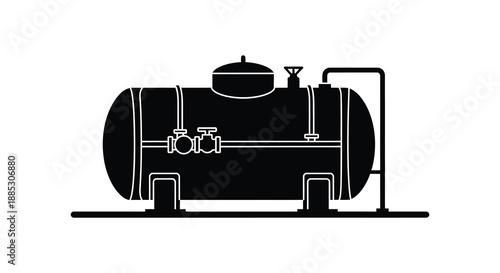A stark depiction of a large horizontal industrial tank with visible valves and fittings presented as a bold silhouette high quality