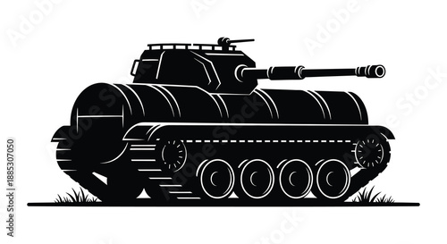 A striking black and white illustration depicts a formidable tank rendered in a bold graphic style evoking military power silhouette