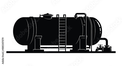 A striking black silhouette depicts an industrial storage tank with a ladder valves and connected piping showcasing a minimalist style silhouette