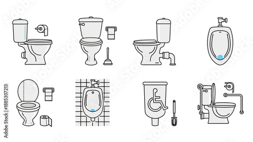 Collection of bathroom fixtures including toilets and urinals.