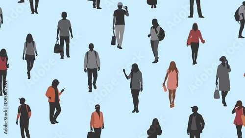 Diverse Group of People Silhouettes Walking and Standing on Blue Background.