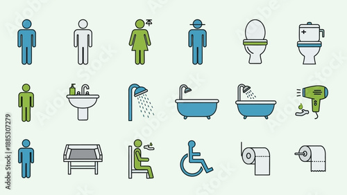 Collection of bathroom icons and symbols for hygiene and facilities.