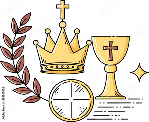 Christian religious icons set with gold crown holy chalice communion host and laurel branch, flat line art vector illustration for church celebration designs.