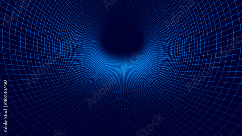 Blue Digital Tunnel or Wormhole Wireframe. Abstract Mesh with Hole. 3D Tunnel Grid Mesh inside Tube. Blue Hi Tech Texture. Technology or Science Vector Illustration.