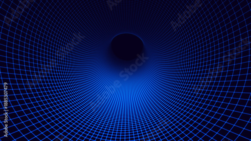 Blue Digital Tunnel or Wormhole Wireframe. Abstract Mesh with Hole. 3D Tunnel Grid Mesh inside Tube. Blue Hi Tech Texture. Technology or Science Vector Illustration.