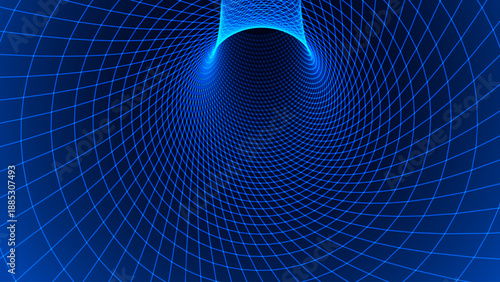 Blue Digital Tunnel or Wormhole Wireframe. Abstract Mesh with Hole. 3D Tunnel Grid Mesh inside Tube. Blue Hi Tech Texture. Technology or Science Vector Illustration.