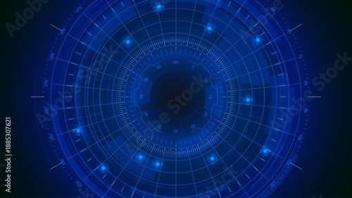 Futuristic Blue Radar Interface With Glowing Circular HUD Elements And Scanning Grid On Dark Tech Background, Digital Surveillance And Security Concept Design, Vector Illustration