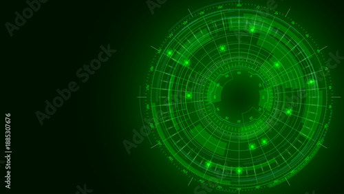 Futuristic Green Radar Interface With Glowing Circular HUD Elements And Scanning Grid On Dark Tech Background, Digital Surveillance And Security Concept Design, Vector Illustration