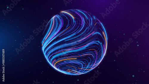 Tech Neon Lines Energy Orb. 3D Sphere Science Globe With Abstract Glowing Lines Representing Microbiology, Cell Research, or Nanotechnology On Dark Blue Background. Vector Illustration.