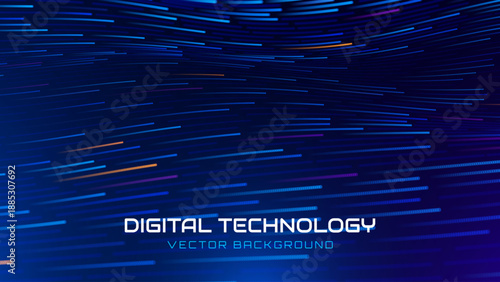 Big Data Technology Flow Background with Neural Network Particles and Digital Stream Lines. Futuristic Data Science Concept. Tech Business Presentation or Annual Report Template. Vector Illustration.