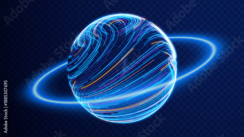 Abstract Neon Planet With Glowing Energy Lines And Orbit Ring On Dark Tech Background. 3D Globe Sci-Fi Digital Sphere. Innovation, Data and Space Concept. Vector Illustration.
