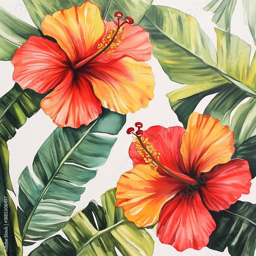 Tropical Hibiscus Flowers Banana Leaves Painting Print