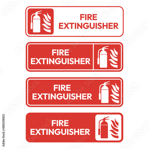Fire extinguisher sign set. Firefighters tools for flame fighting. Fire extinguisher symbol, logo, badge, icon, sticker, label, banner, arrow, red, circle, line, flat vector, isolated illustration.