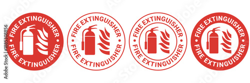 Fire extinguisher sign set. Firefighters tools for flame fighting. Fire extinguisher symbol, logo, badge, icon, sticker, label, banner, arrow, red, circle, line, flat vector, isolated illustration.