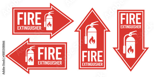 Fire extinguisher sign set. Firefighters tools for flame fighting. Fire extinguisher symbol, logo, badge, icon, sticker, label, banner, arrow, red, circle, line, flat vector, isolated illustration.