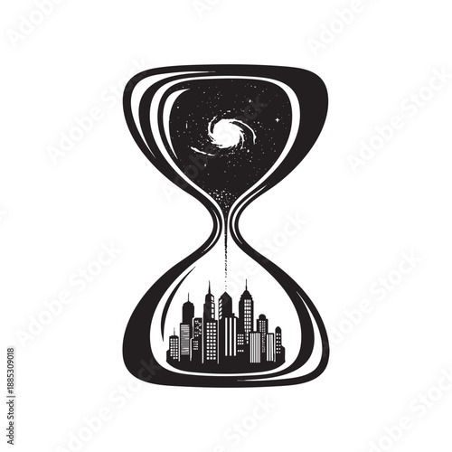 Surrealism Illustration, Spiral Galaxy and Skyscraper City in Hourglass.