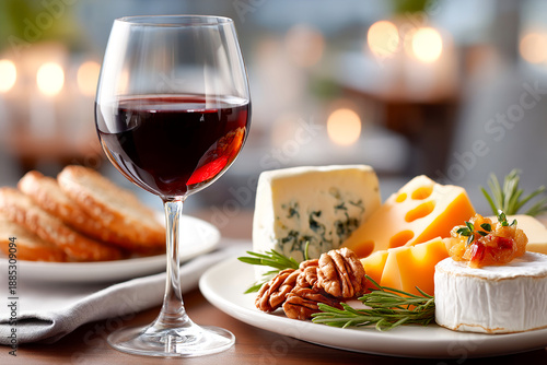 Cheese platter with red wine and snacks arranged for evening gathering Generative AI