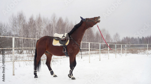 Konstfotografi Brown horse neighing in snowy winter pasture