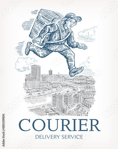 Vintage-style illustration of a courier stepping over a city skyline, symbolizing high speed, efficiency, and excellent navigation in a modern мегаполис delivery service.