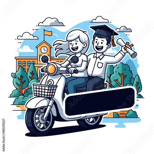 Funny vector illustration of a smiling boy and woman driving a cartoon automobile on a road trip with their pet animal