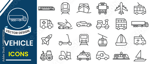 Vehicle and Transport icon set. Travel icons collection such as car, train, electric scooter,  truck, ship, boat, train, subway, motorcycle, motorbike, bus and more. Vector illustration.