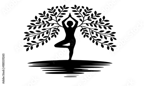 Yoga Tree Pose Silhouette Under Tree, Woman in Vrksasana at Balance Pose, Nature Mindfulness Meditation Vector Illustration
