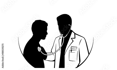 Professional doctor silhouette examining patient with stethoscope, medical healthcare and physical checkup concept, clinical medicine illustration, hospital consultation icon, black and white vector