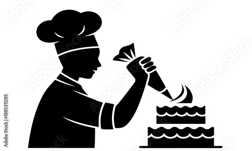 Professional pastry chef silhouette decorating a tiered cake with icing piping bag, bakery and confectionery concept, master baker at work, restaurant kitchen vector illustration, dessert preparation 