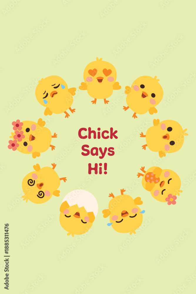 Fototapeta premium Cute chick says hi lettering illustration with emotions baby chick emotions lettering flat vector illustration Adorable baby chick lettering illustration