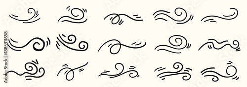 Line vector wind doodle sketch weather illustration simple set. Nature wind wave, hurricane, storm blowing cold breeze symbol collection.