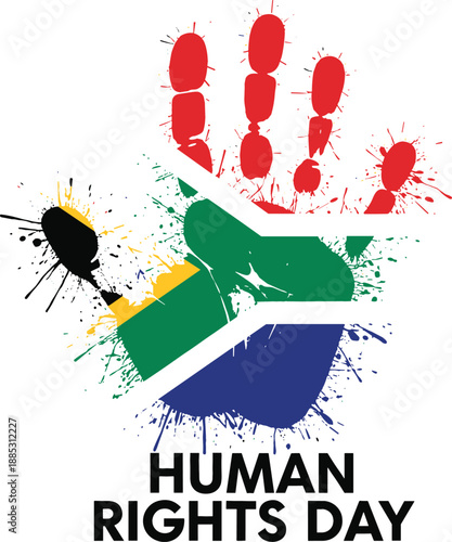 Human Rights Day banner featuring a colorful paint splatter handprint with South African flag colors on white