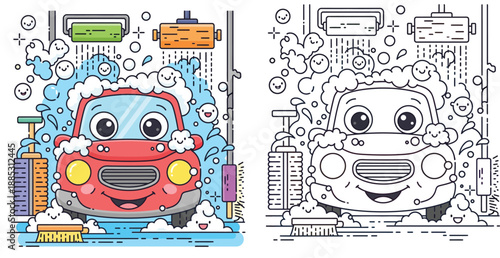 Cute cartoon car washing station vector illustration with colorful and black and white coloring book outline. Happy auto character bath time with soap bubbles and brushes.