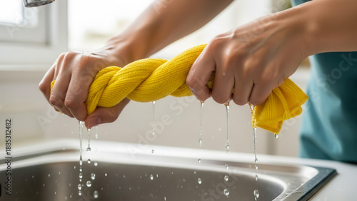 Hands wringing cleaning cloth with water dripping into sink, household cleaning and domestic chores