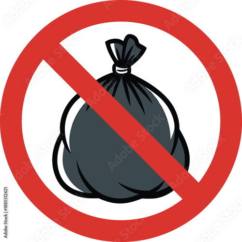 No trash or littering prohibition sign illustration with garbage bag symbol, waste management and cleanliness warning concept, environmental protection notice, isolated flat vector
