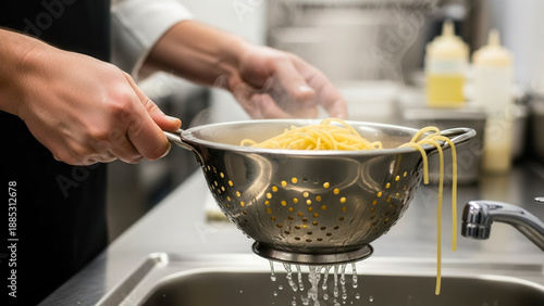 Chef hand letting pasta drain fully in colander over sink, culinary precision and kitchen patience in cooking preparation