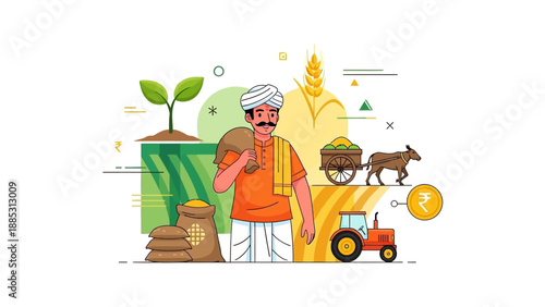 Illustration of an Indian farmer standing with agricultural elements, including a tractor, wheat, and a young plant, against a clean white background with a vibrant and colorful mood.