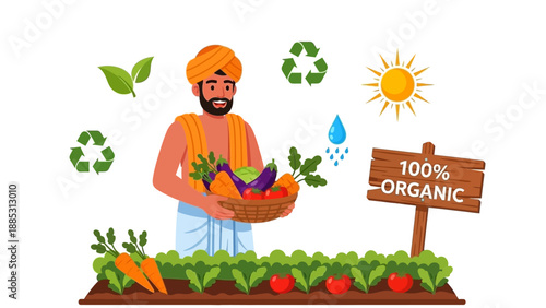 An Indian farmer in traditional clothing holding organic produce in a basket, surrounded by eco-friendly symbols and a garden with a sign indicating 100% organic, in a colorful illustration.
