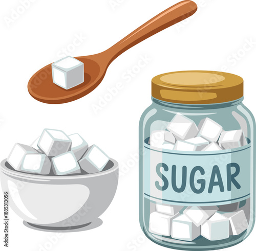 Sugar cubes illustration with glass jar, bowl, and wooden spoon, realistic sweet ingredient concept isolated on white background for cooking, baking, nutrition, and kitchen design projects