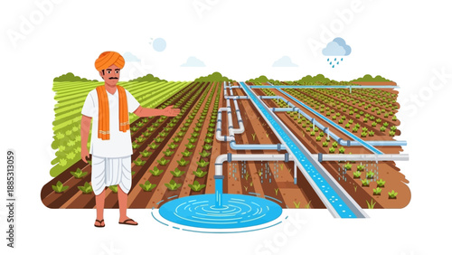 An Indian farmer in traditional clothing stands beside a vibrant agricultural field with a modern irrigation system on a sunny day.