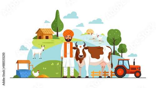 Illustration of an Indian farmer standing with a cow and tractor in a rural landscape with a house and trees, conveying agriculture and farming.