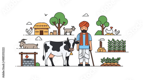 Illustration of an Indian farmer standing with a cow surrounded by agricultural elements and animals in a colorful vector scene.
