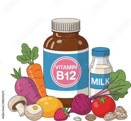 Vitamin B12 supplement bottle with milk and healthy foods illustration, nutrition and dietary health concept featuring vegetables, dairy and natural sources, isolated flat vector on white background
